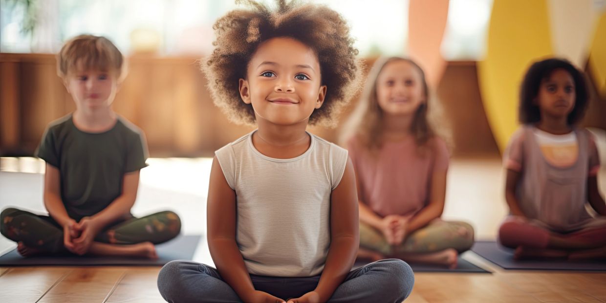 Children sitting cross-legged on yoga mats indoors.