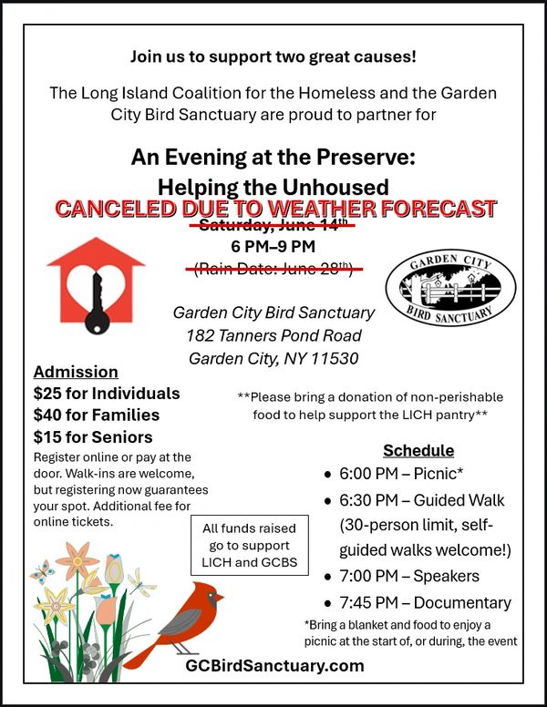 Event flyer for a canceled fundraiser supporting the homeless and bird sanctuary.