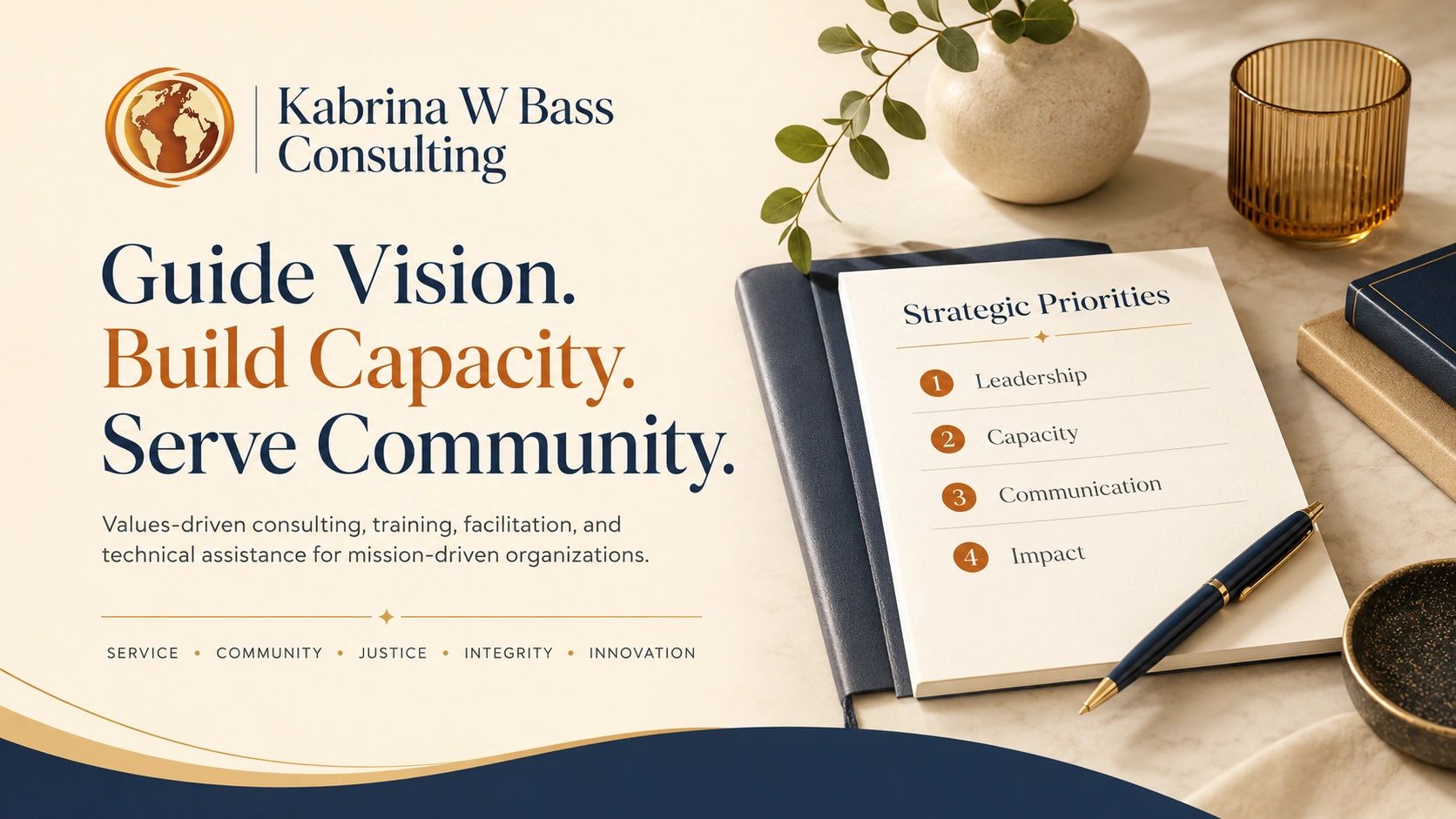 Kabrina W Bass Consulting hero image with the firm’s globe logo, a large headline about guiding visi