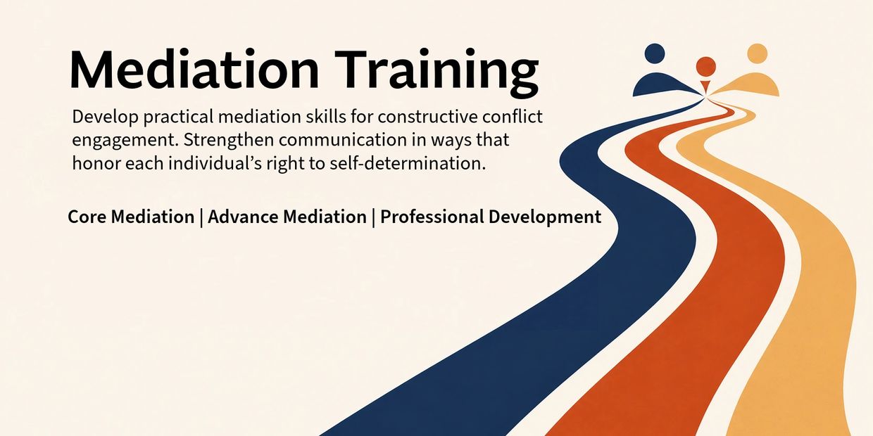 KWBC Mediation Training banner with navy, orange, and gold pathways representing Core Mediation Trai