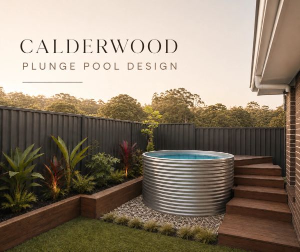 Modern plunge pool design by Calderwood in a backyard setting with wooden steps and plants.