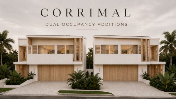 Modern dual occupancy homes with wooden and white facade in Corrimal.