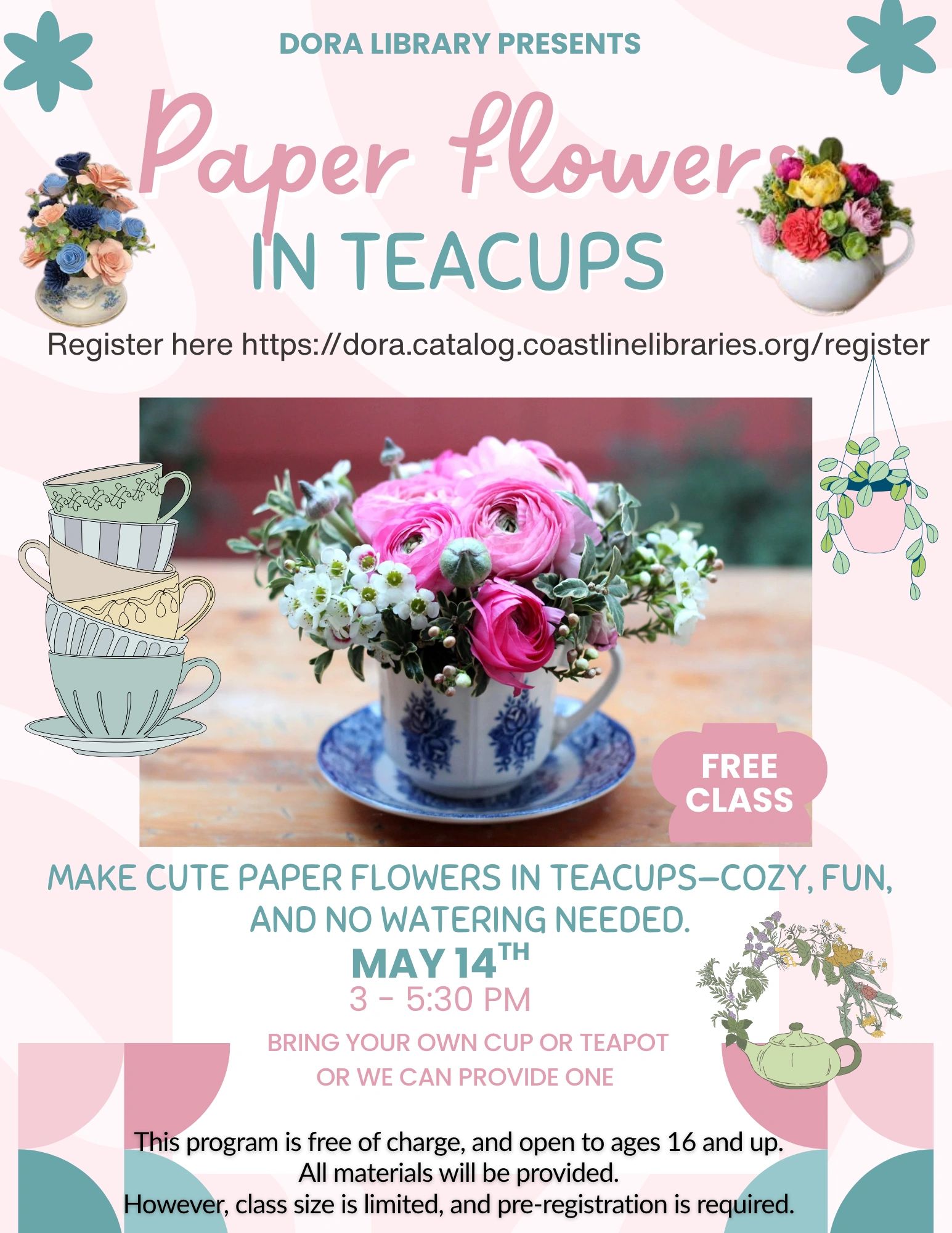 Dora Library offers a free paper flower-making class using teacups on May 14.