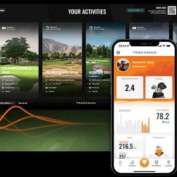 Showing the trackman app homepage and the simulator in the background with recent activities 