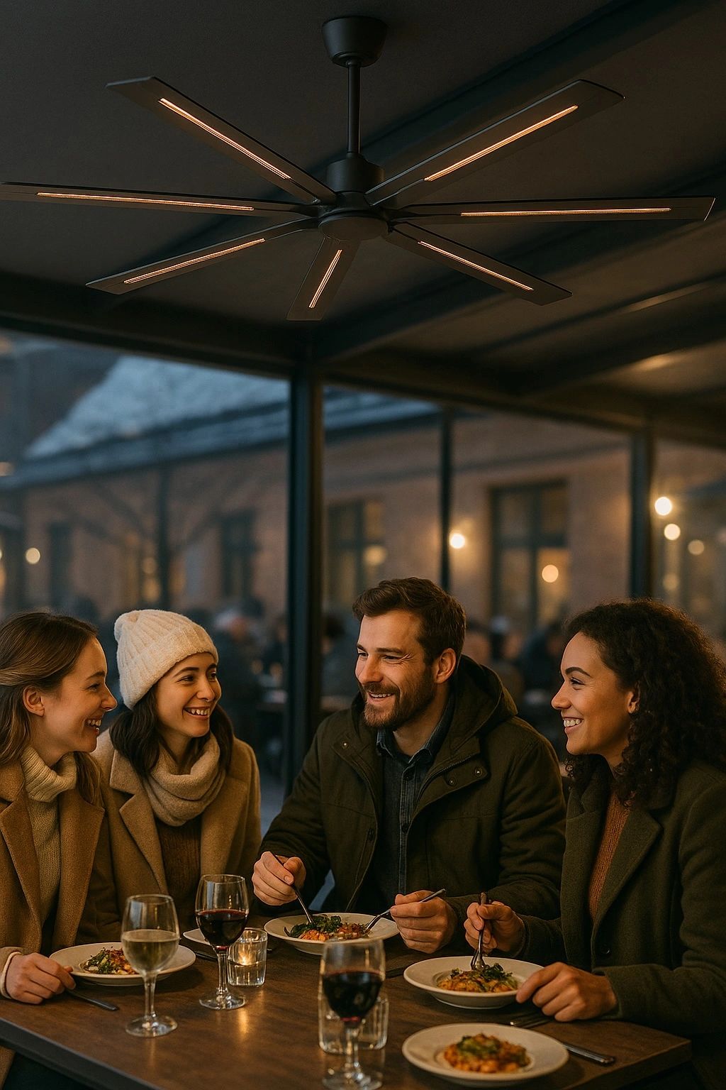 Halo Fan glowing warm amber in an outdoor dining setting