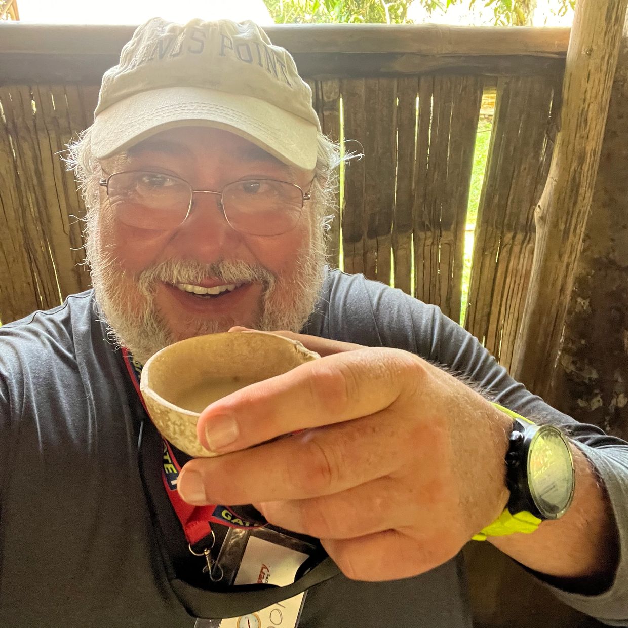 Don T enjoying a cup of fresh brewed Guayusa Tea, while visiting the Napa Runo in the Ecuador Amazon