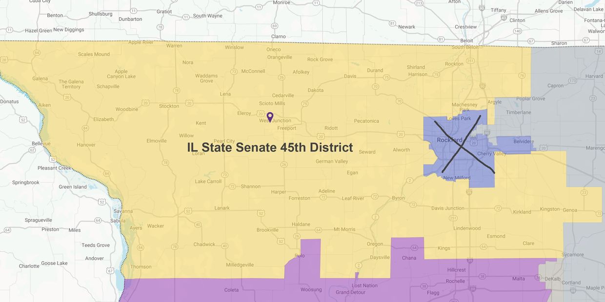 Map showing IL State Senate 45th District boundaries in yellow.