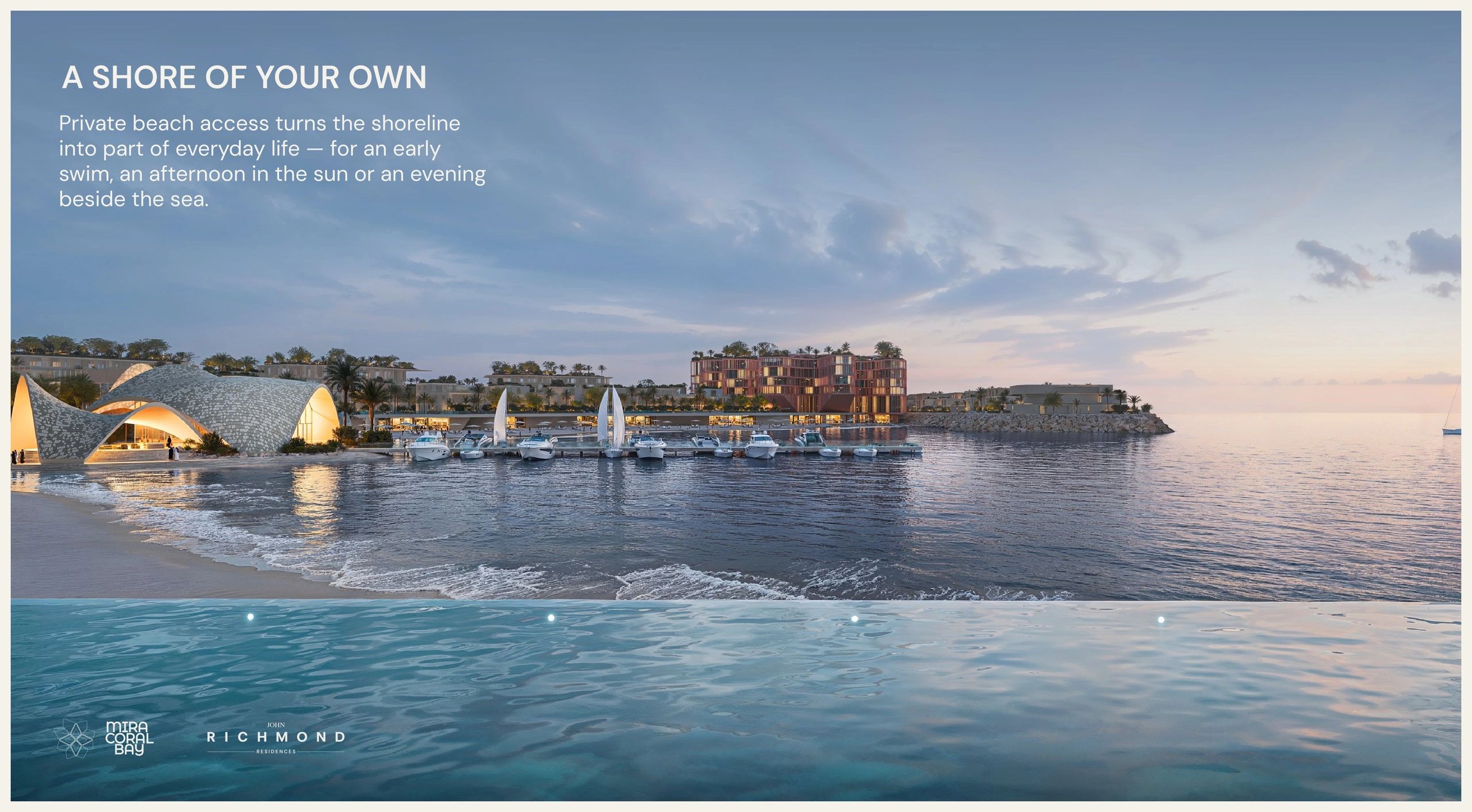 Luxury beach access with marina and modern architecture at sunset.