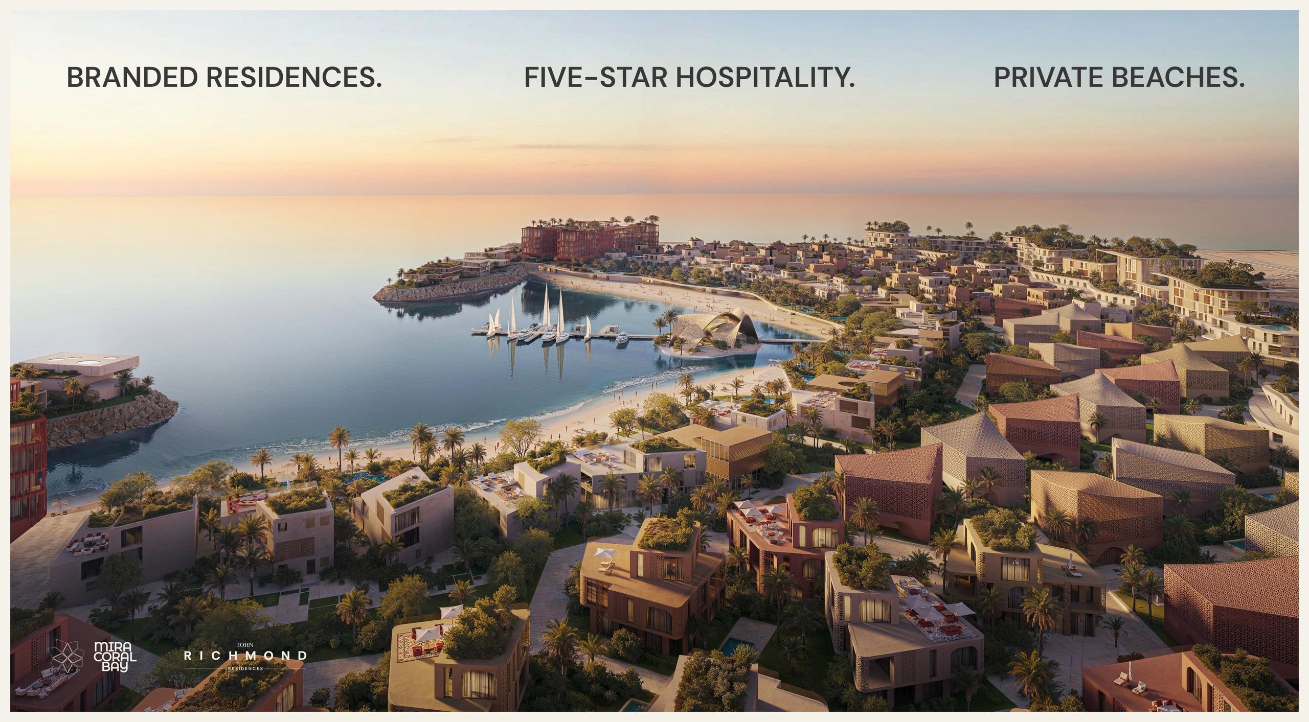 Scenic coastal luxury residences with private beaches and marina at sunset.