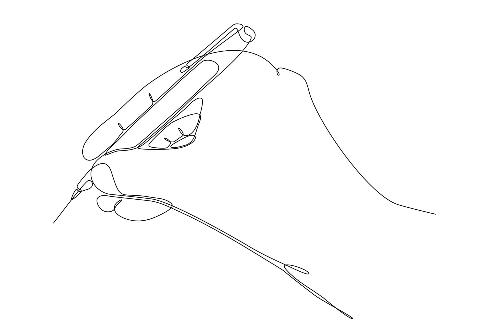 Line drawing of a hand holding a pen, poised to write. 