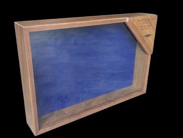 Wooden framed glass display case with an angled corner cover.