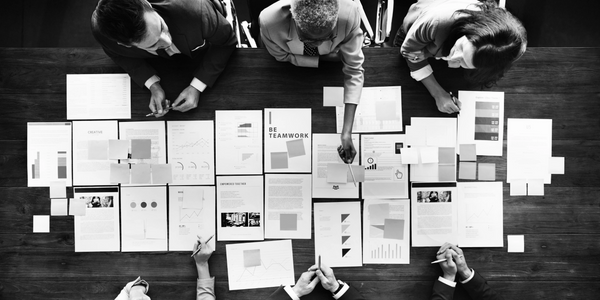 Business team collaborating over documents and charts in a meeting.