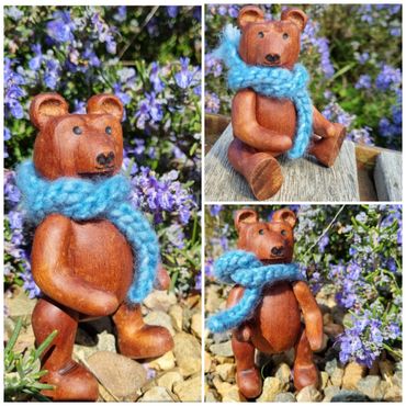 Hand carved Wooden jointed bear in hand made scarf