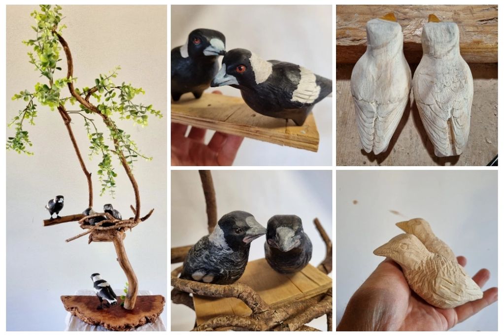 Carving & display of Australian magpies 