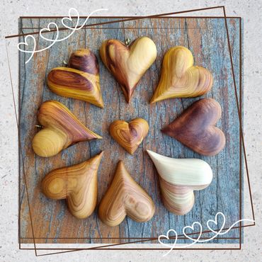 Hand carved Cypress Pine hearts
