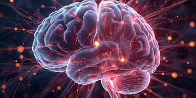 An image of a brain with th neurons firing outwards.