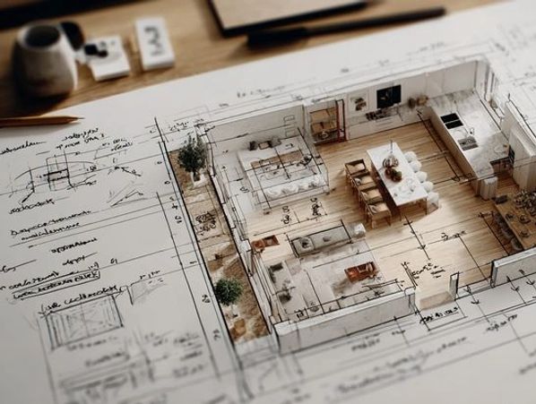 3D architectural model of a house on a blueprint.