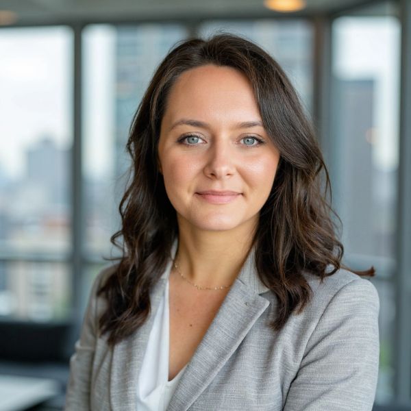Professional woman in a gray blazer smiling.