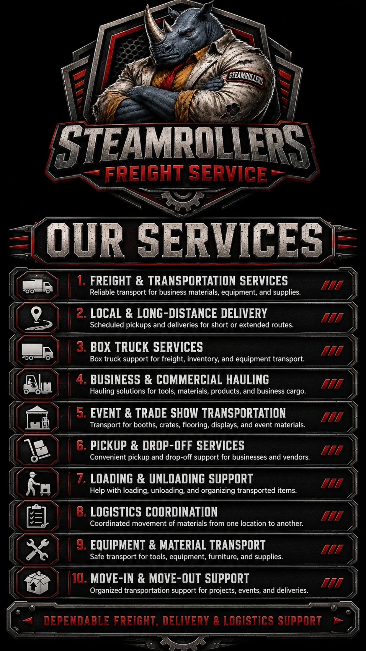 Steamrollers Freight Service offers comprehensive freight and logistics solutions.