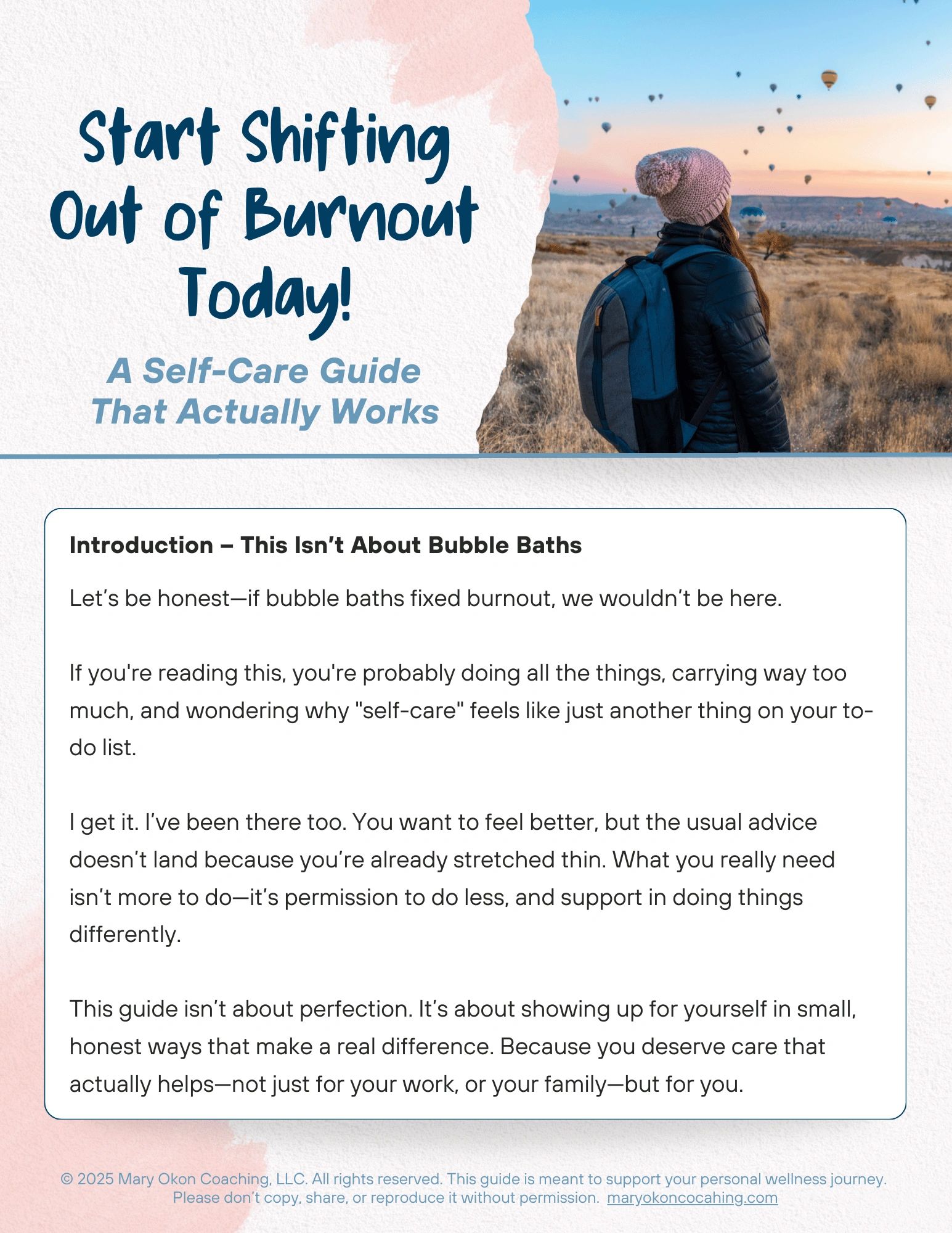 A free self-care guide by Mary Okon to help you start shifting out of burnout today. (Introduction)