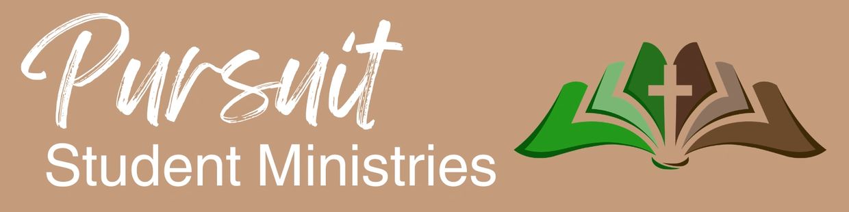 Logo for Pursuit Student Ministries with a cross and book design.