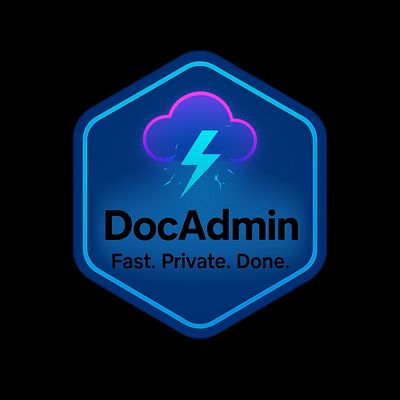 DocAdmin logo with a cloud and lightning bolt, emphasizing speed and privacy.