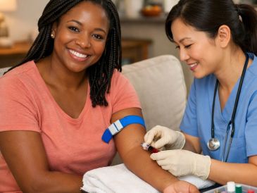Nurse drawing blood from a smiling woman.
