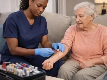 Nurse drawing blood from elderly woman.