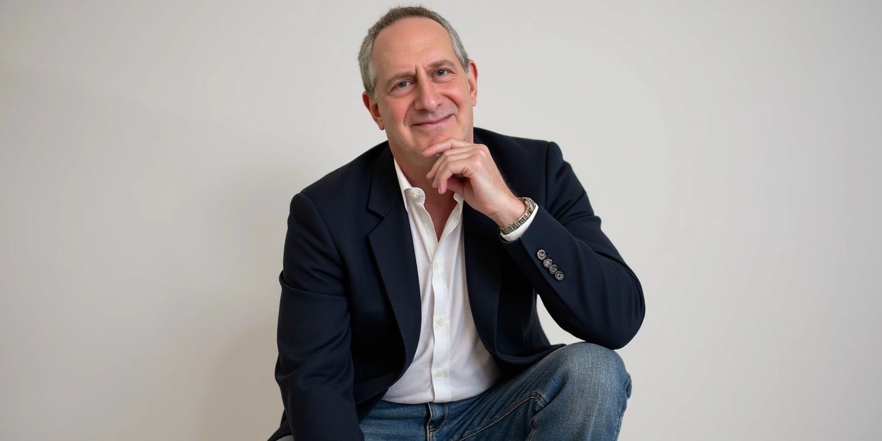 Middle-aged man in blazer and jeans posing against a plain background.