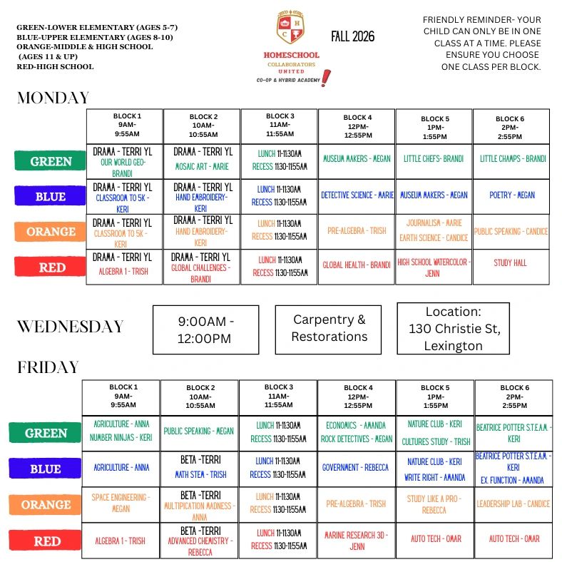 Fall 2026 homeschool class schedule for elementary to high school with various subjects and times.