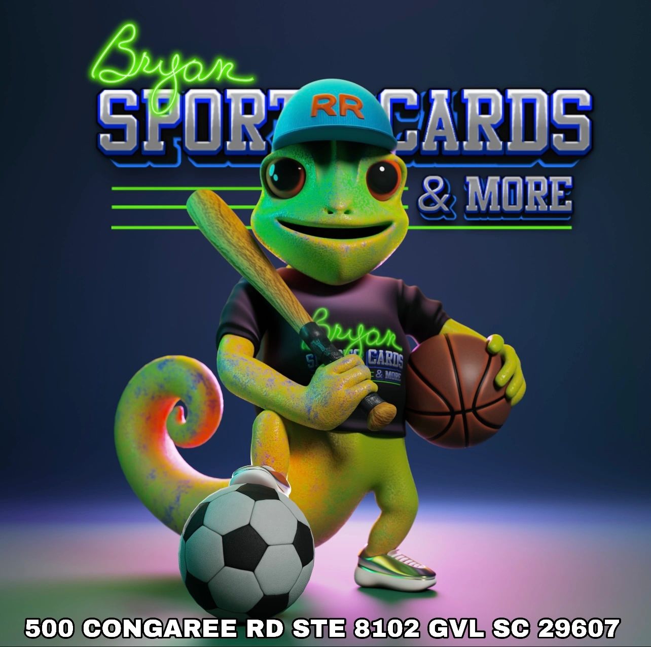 Chameleon mascot holding sports balls with Bryan Sport Cards &amp; More logo.