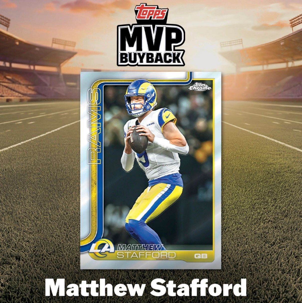 Matthew Stafford football card from Topps MVP Buyback series on a football field background.