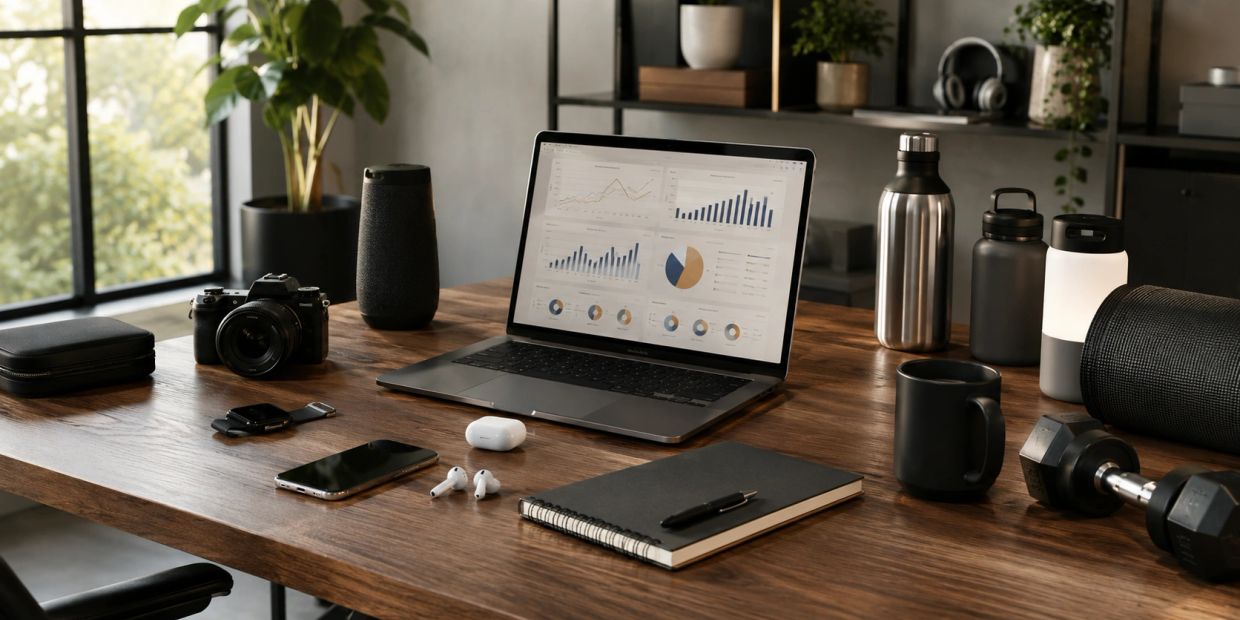 Modern workspace with laptop, camera, smartphone, and fitness gear on wooden desk.