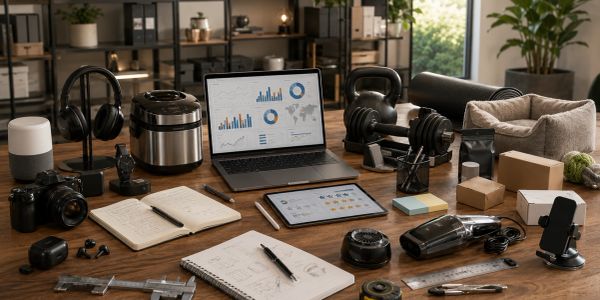 A cluttered desk with tech gadgets, fitness gear, and notebooks in a cozy workspace.