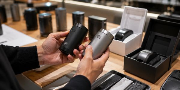 Person compares two portable electronic devices in black and silver.