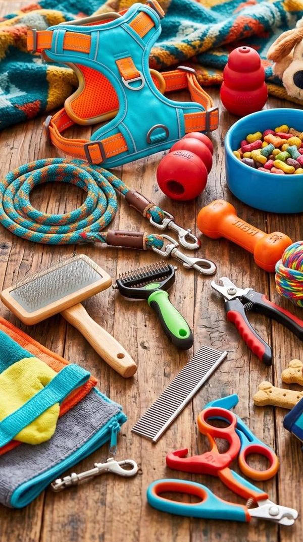 Pet essentials including pet bed, toys, food bowls, grooming tools and pet accessories.
