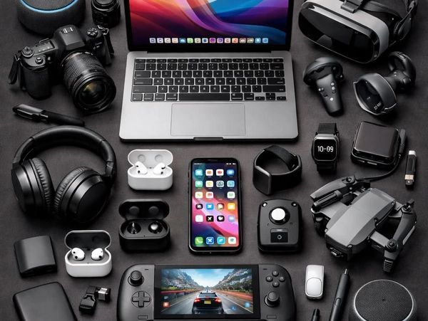 Modern technology gadgets including wireless headphones, smartwatch, keyboard and smartphone accesso