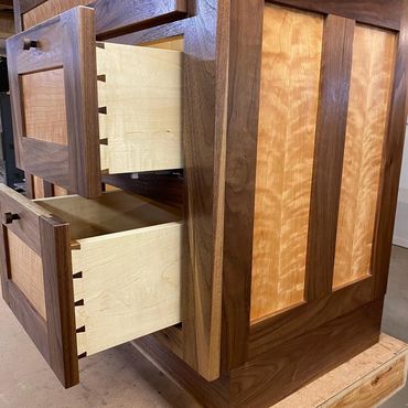 black walnut furniture, hand cut dovetails, curly cherry