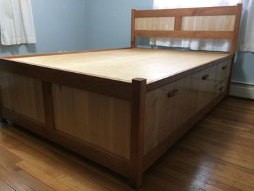 platform bed, custom bed, bed with storage, cherry and maple bed