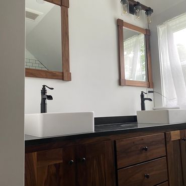 black walnut vanity, black walnut mirrors