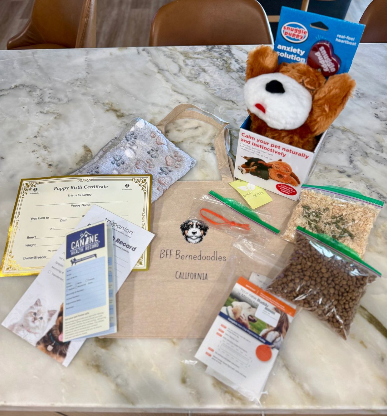 Go Home bag: Snuggle Puppy, blanket with mom and siblings smells, puppy food, potty mix for potty tr