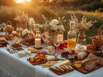 Elegant outdoor picnic table with cheese, bread, fruits, drinks, and floral centerpieces at sunset.