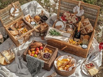 Elegant picnic setup with wicker baskets, bread, cheese, fruits, and wine on a white cloth outdoors.