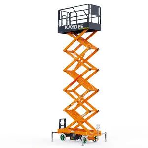 Orange scissor lift with black platform.