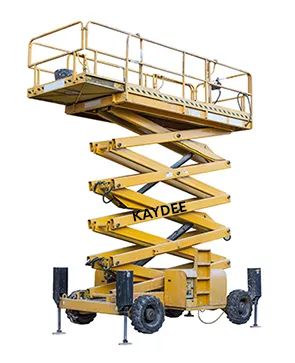 Yellow scissor lift platform with guard rails.