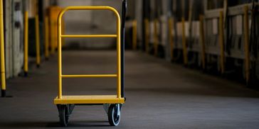 Yellow industrial hand truck on a warehouse floor with shelves in background.
