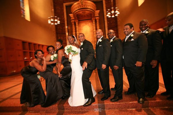 Stunning wedding party dressed in classic, black and white