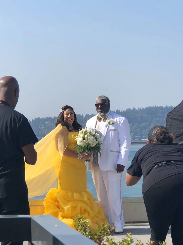 Picture of bride and groom overlooking water