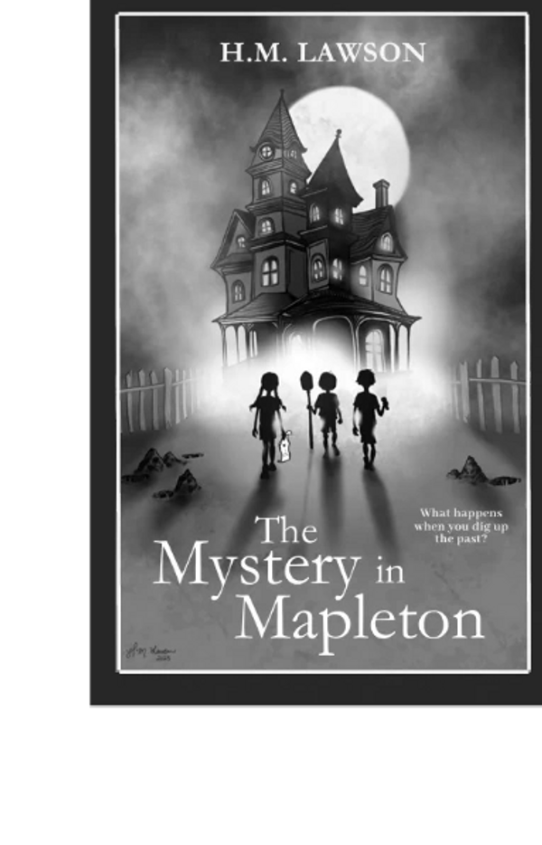 Children approach a spooky mansion under a full moon on a misty night.