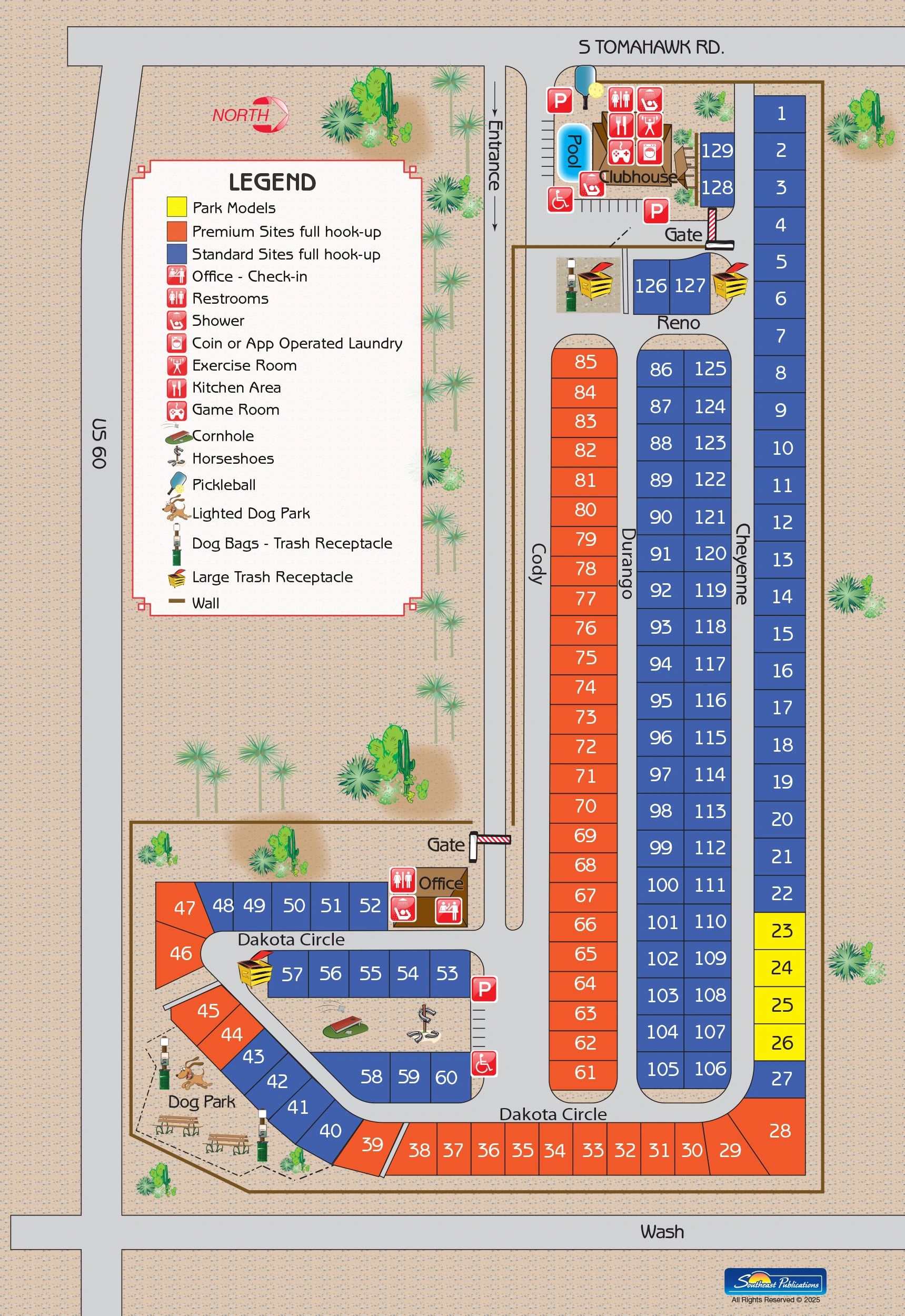 Detailed RV park map with site categories, amenities, and recreational areas.